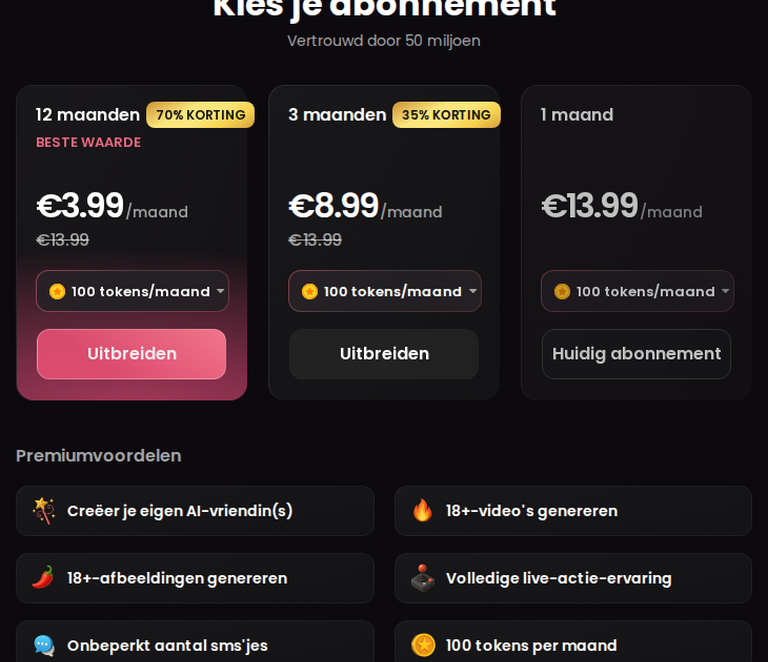 Candy AI Premium: 12 maanden € 3,99, 3 maanden € 8,99, 1 maand € 13,99 per maand