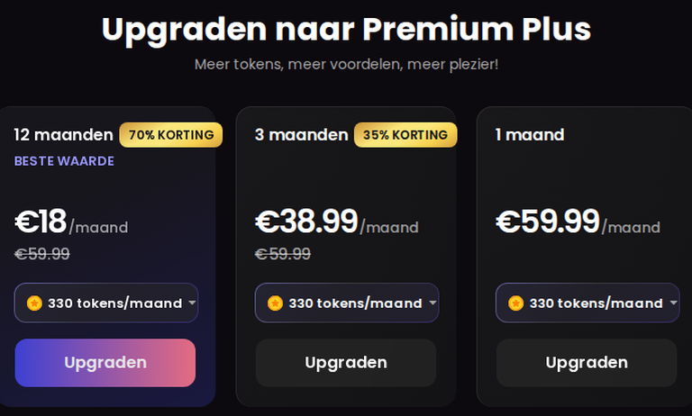 Candy AI Premium Plus: € 18, € 38,99 en € 59,99 per maand, 330 tokens per maand