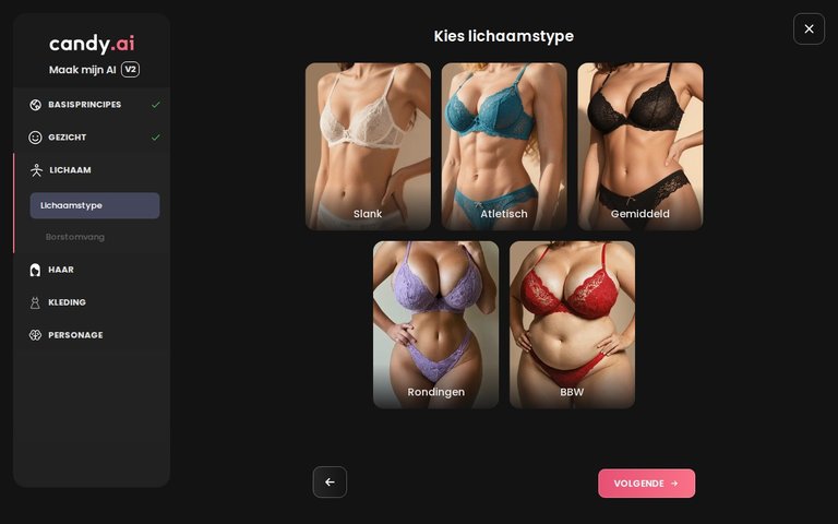 Candy AI-builder, lichaamstype en lengte