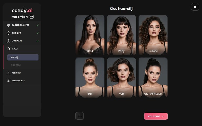 Candy AI-builder, kapsel en haarkleur