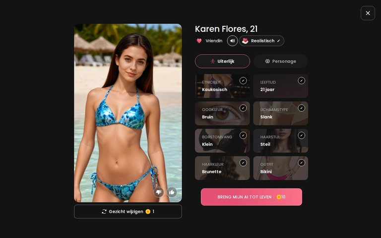 Samenvatting van een eigen personage op Candy AI (Karen Flores, 21) vlak voordat je haar tot leven wekt