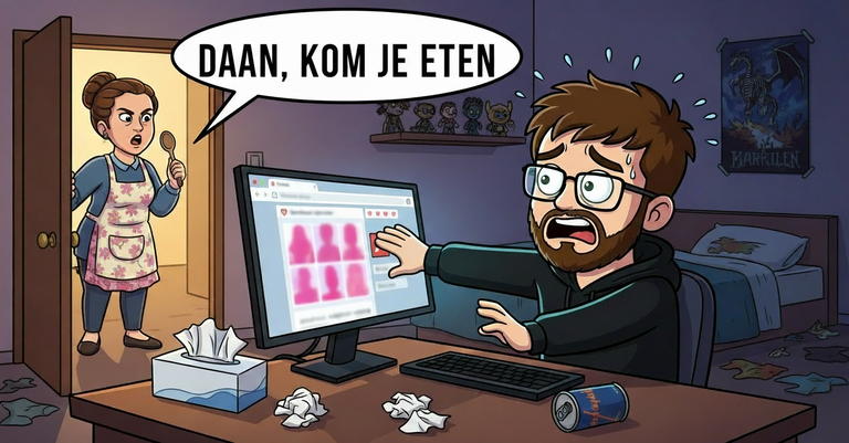 Daan wordt betrapt op zijn kamer terwijl zijn moeder hem roept voor het eten