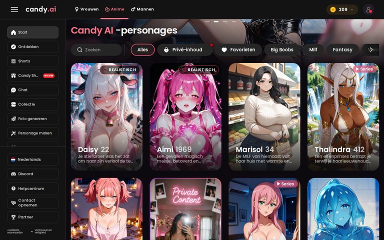 Anime-personages op Candy AI