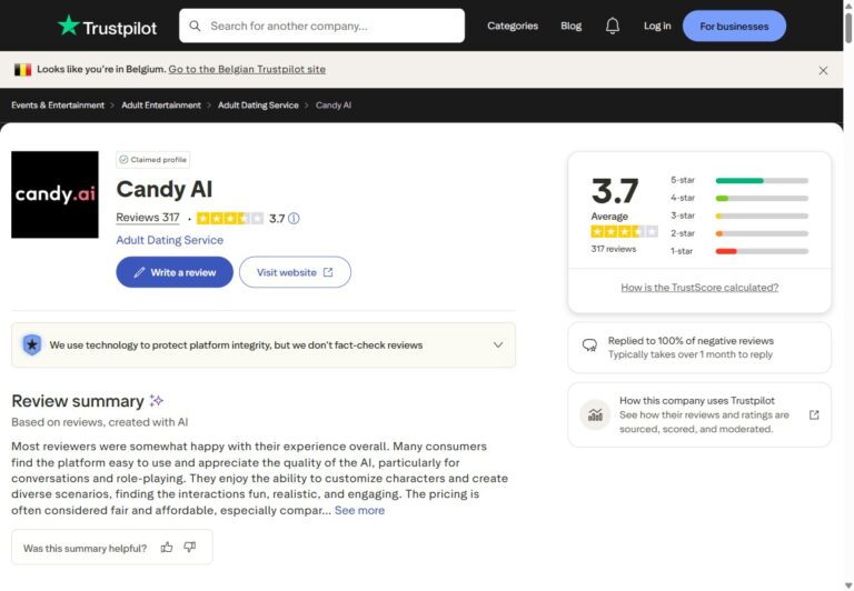Candy AI Trustpilot TrustScore 3,7 uit 317 reviews