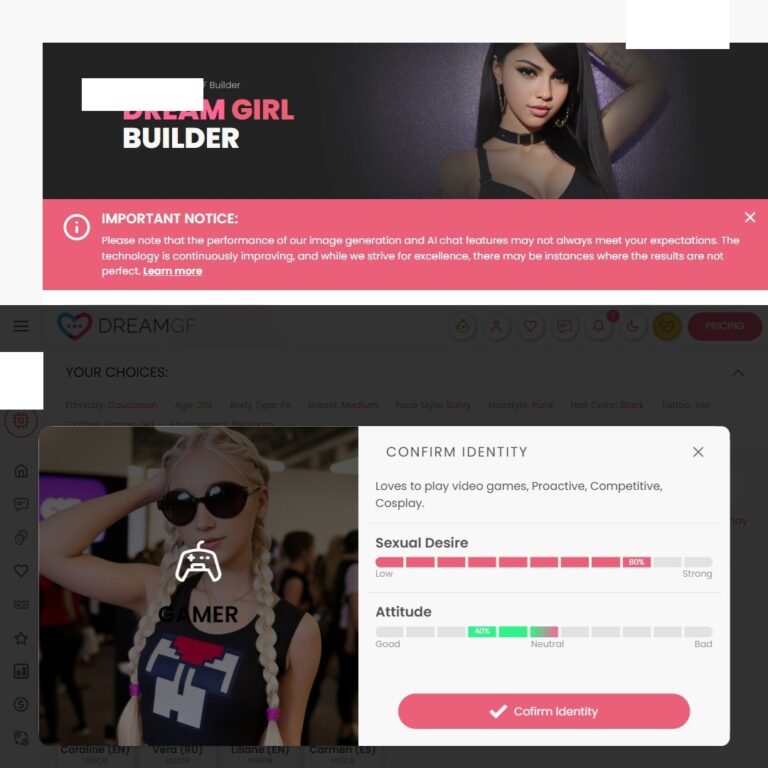 DreamGF builder Personality-venster met de typefout Cofirm Identity