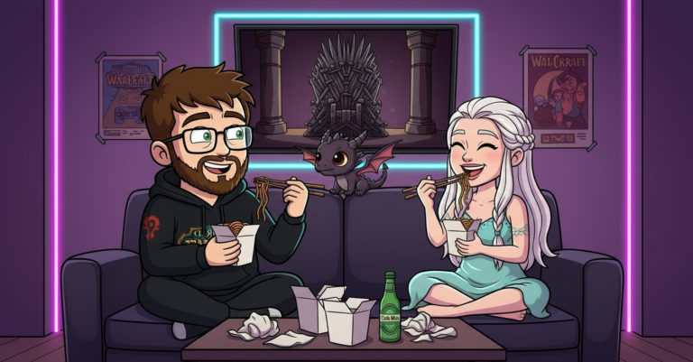 Daan op de bank met Daenerys Targaryen, chow mein, Game of Thrones op tv, een klein draakje op de leuning
