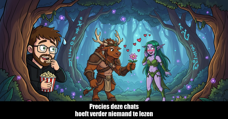 Daan met popcorn kijkt naar een Tauren Druid en een Night Elf Druid in het bos