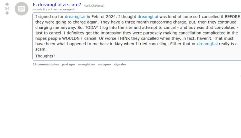Reddit-post op r/Chatbots met de titel Is dreamgf.ai a scam van vengash