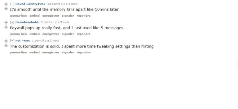 Drie Reddit-reacties op r/HeavenGF over DreamGF: geheugenproblemen, paywall, customization