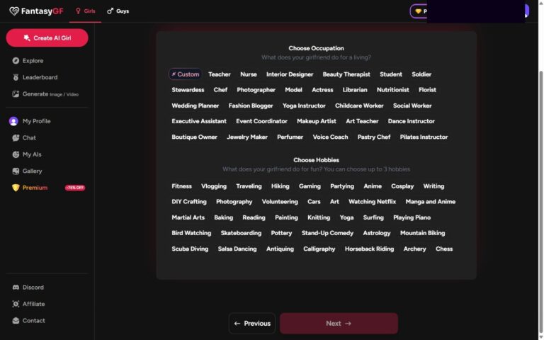 FantasyGF builder stap 5: Personality en Voice