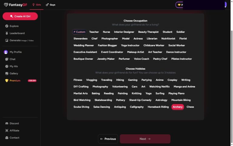 FantasyGF builder stap 6: Occupation en Hobbies