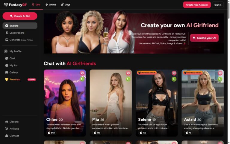 FantasyGF homepage met drie subcategorieën: Girls, Anime, Guys