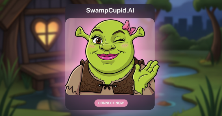 Profielkaart van SwampCupid.AI: groene oger-dame met roze strik die knipoogt en zwaait
