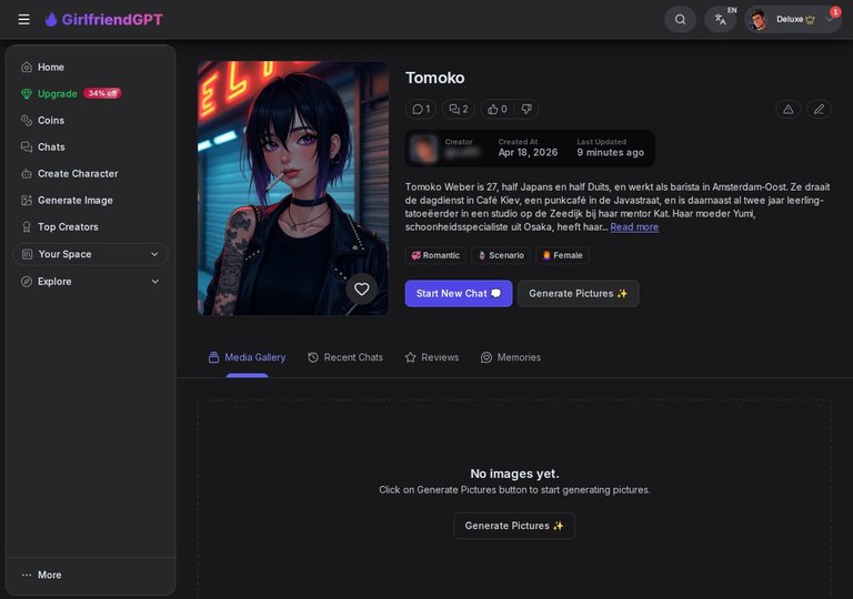 Profielpagina van Tomoko met portret, tags en de knop Start New Chat