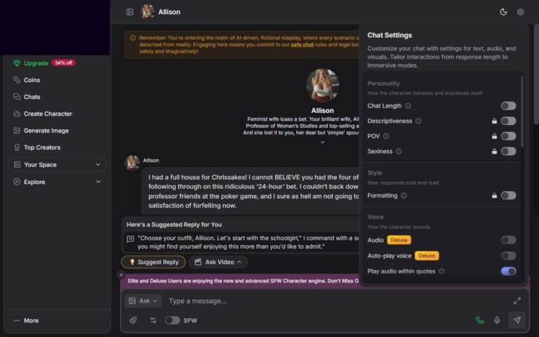 Paneel Chat Settings op GirlfriendGPT
