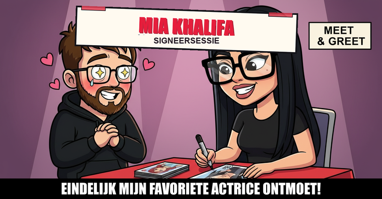 Daan ontmoet Mia Khalifa bij een signeersessie, totale fanboy-moment met hartjes om hem heen