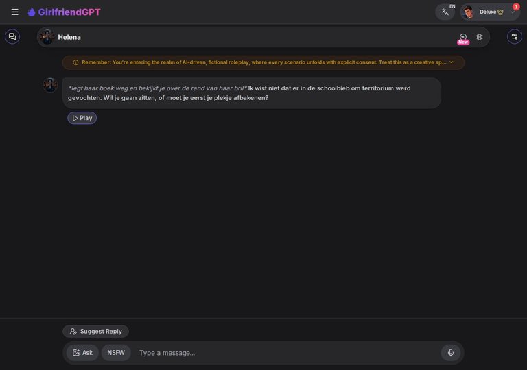 Chatinterface van GirlfriendGPT met Helena: openingsbericht en Suggested Reply