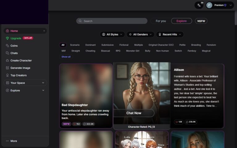 Startpagina van GirlfriendGPT met galerij van personages