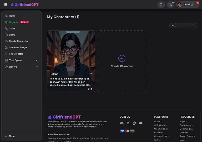 My Characters op GirlfriendGPT met de kaart van Helena