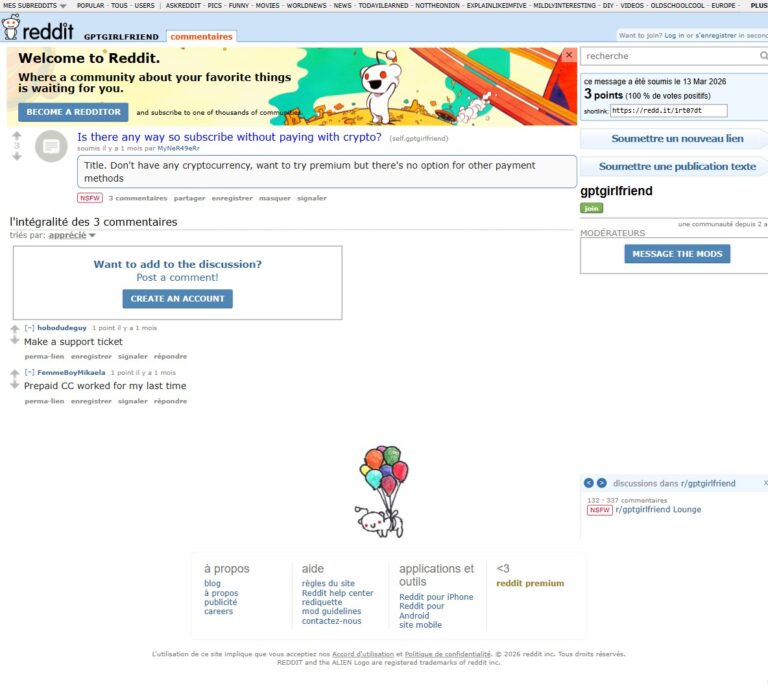 Reddit-thread r/gptgirlfriend: gebruiker vraagt naar betaalmethodes zonder crypto