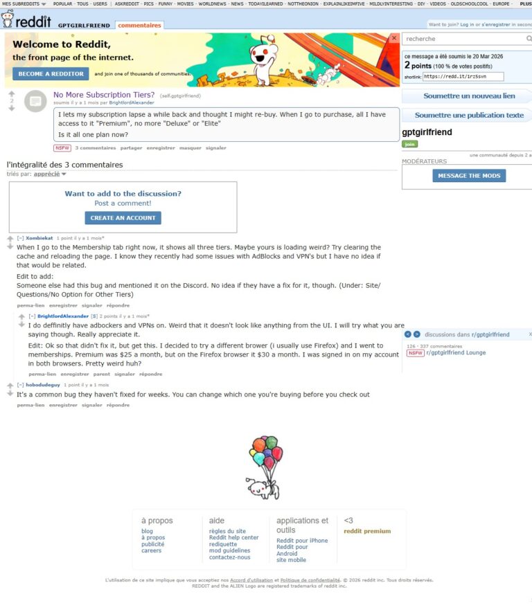 Reddit-thread r/gptgirlfriend: No More Subscription Tiers, met bugmelding en prijsverschillen tussen browsers