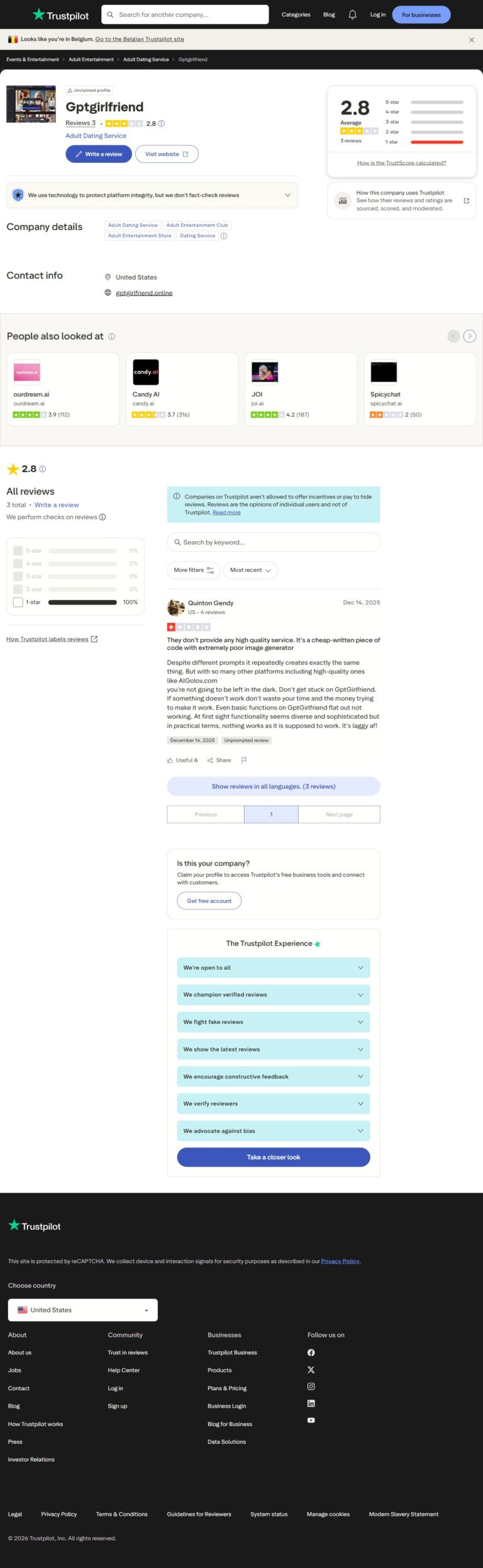 Trustpilot-pagina van GirlfriendGPT met 2,8 van 5 sterren en een 1-sterkritiek van Quinton Gendy