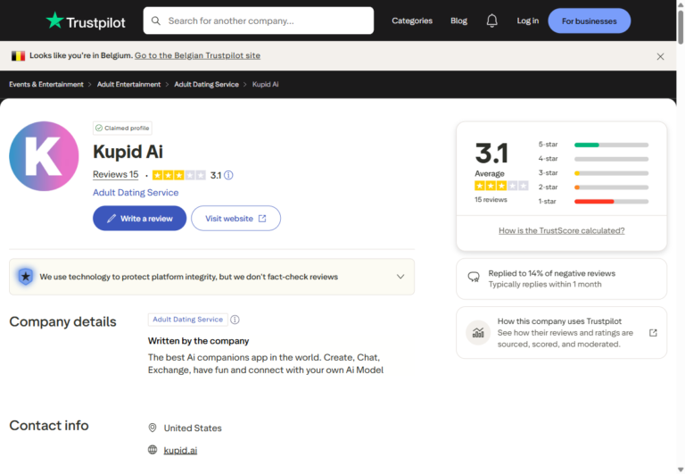 Trustpilot totaalscore Kupid AI 3,1 van 5